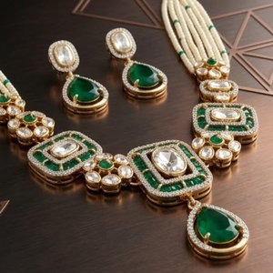 925 <b>Silver</b> Pendant Set for Women Traditional Indian Jewelry Green White Beads Kundan Work Necklace Earring Set - Product Image 2