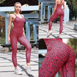 Tek parça tulum kadın leopar baskılı seksi Yoga pantolon tayt