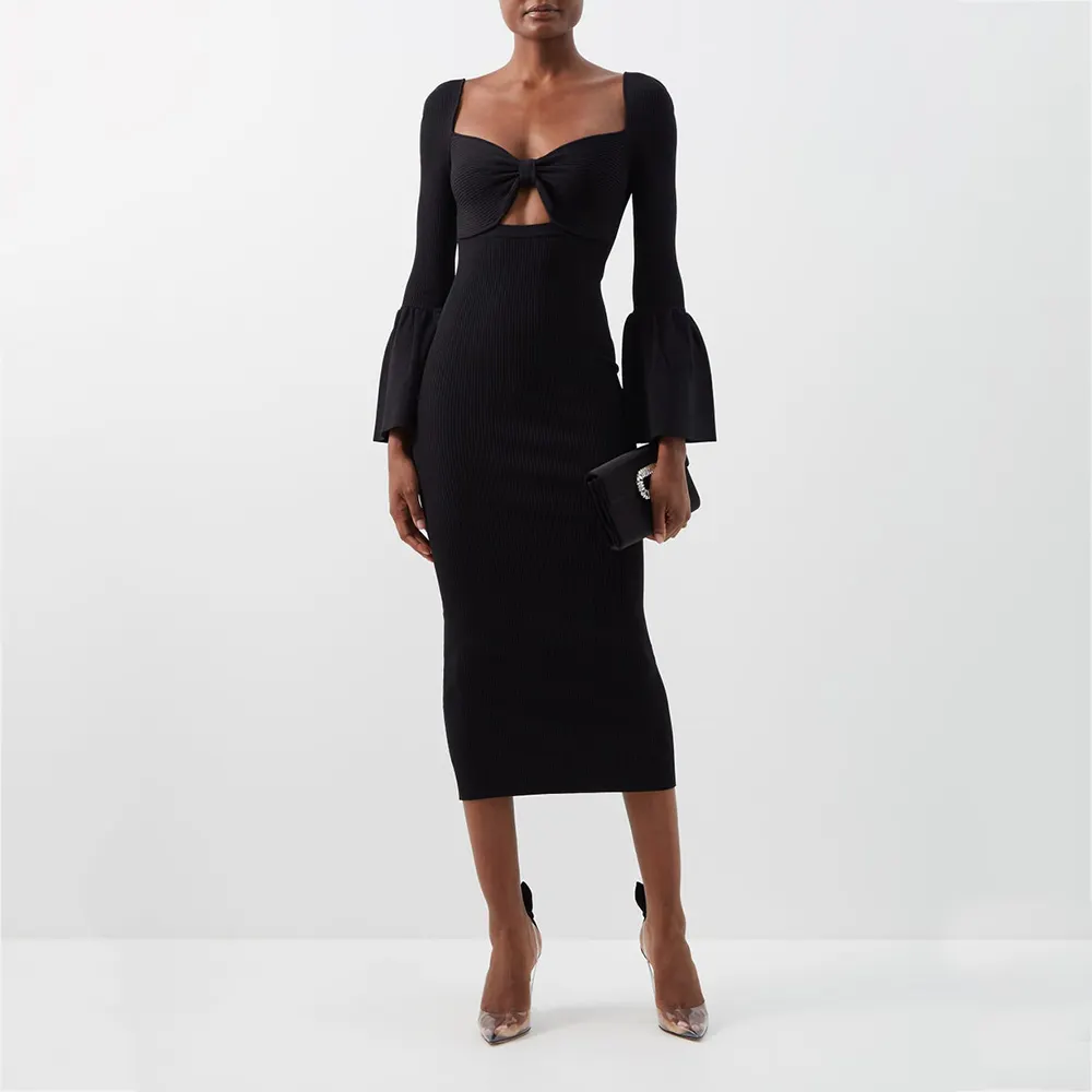Custom black casual women dress Cutout ribbed knitted midi sweater dress elegant women clothing