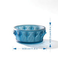 Glazen fruitschaal met leeuwenkop, blauwe ombre reliëf, gegraveerd, decoratief, voor de woonkamer
