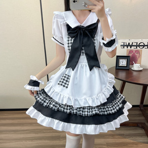 Maid Costume Women White <b>Red</b> Checkered Lolita Dress With <b>Bow</b> Apron Plus Size Adult Cosplay Outfit - Product Image 2