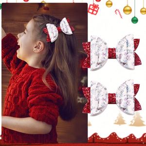 <b>Red</b> Children's All-in-One Fabric Hair Clip Christmas Glitter <b>Bow</b> Hairpin Little Girl's PU Leather Printed Cute Cartoon for Party - Product Image 2