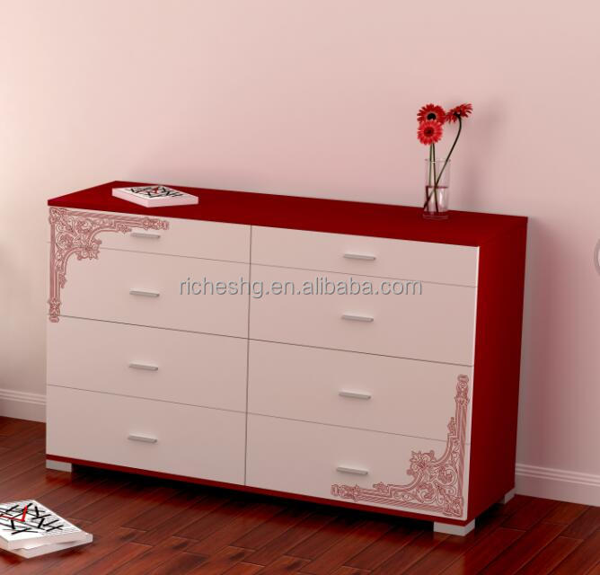 black and red narrow corner design MDF storage units with drawers