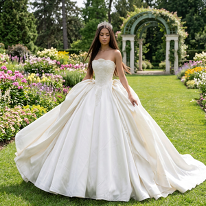 Vestido de Novia de Satén Color Marfil Wx373, Estilo Princesa, Sin Tirantes, con Apliques de Encaje y Cuentas, Cola Larga, Jancember - Product Image 1
