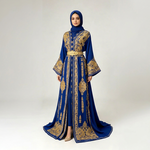 Abaya Larga para Mujer, Estilo Oriente Medio, Cuello en V, Manga Larga, Bordado Paisley Azul, Corte Holgado, Rayón Anti-Pilling, para Eid - Product Image 1