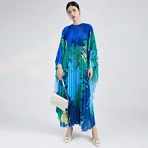 Alta Qualidade Transporte Rápido 2023 Nova Impressão Solta Plus Size Vestido Manga Morcego Moda Mulher Kaftan Elegante Vestido Plissado