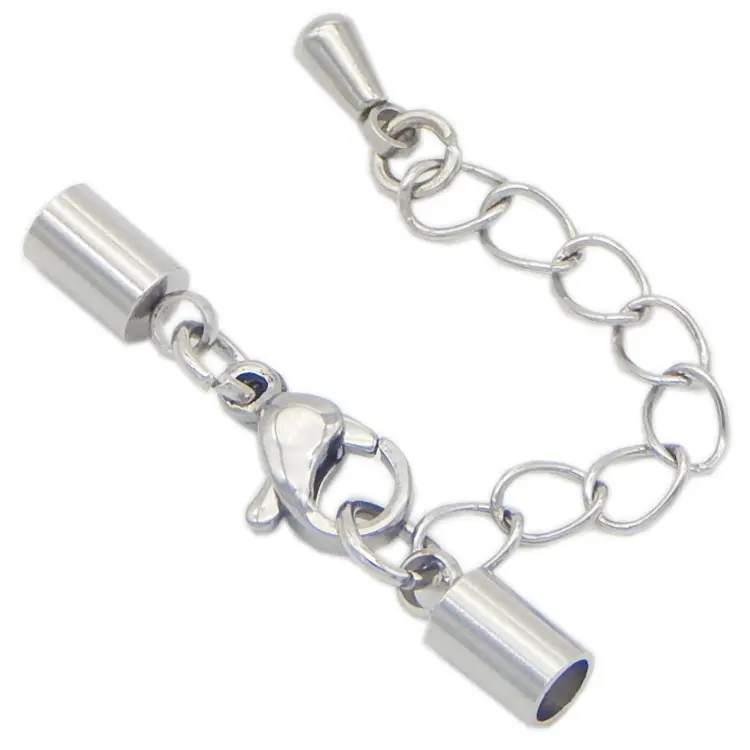 Embouts embouts en acier inoxydable S1051, lot de 100 pièces, pour cordon en cuir, avec fermoir mousqueton et chaîne d'extension, collier, bracelet, fermoir