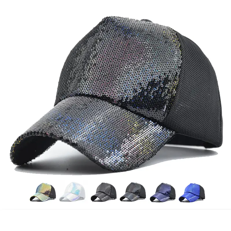 ファッションスパンコールフロントポリエステルメッシュトラッカーハット卸売5パネルカスタムロゴスナップバック野球帽