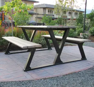 Outside Commercial Patio Hotel Restaurant Wooden Table Bench Modern Dining Outdoor Garden Street Picnic Table