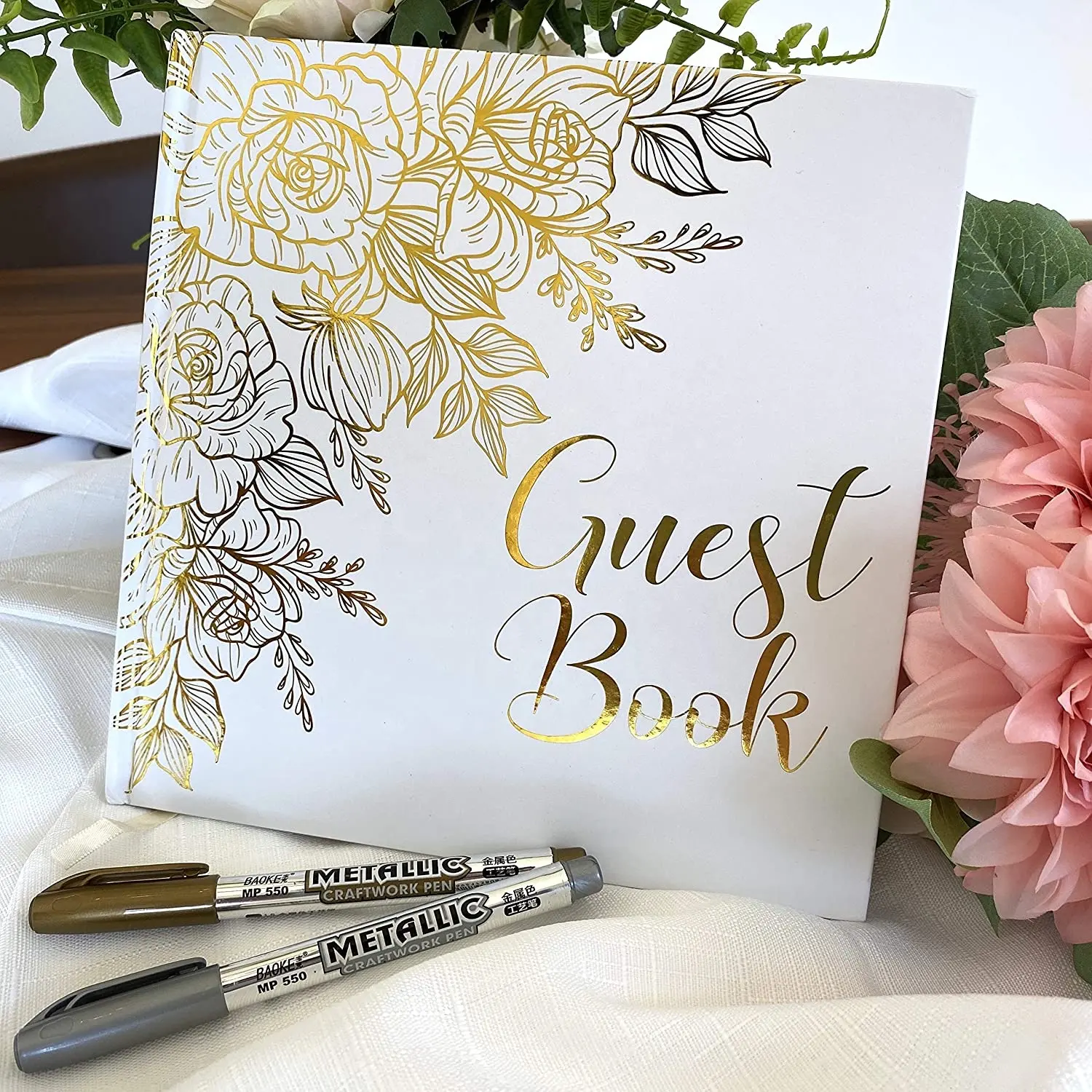 Hard Cover Gold Foil Gilded Edges Thick White Paper Photo Album Memory Sign in Wedding Guest Book with pen