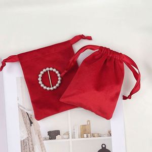 Sac à cordon en velours rouge épais, pochette en flanelle douce et lourde pour montre, flacon de parfum, cosmétiques, emballage anti-poussière, logo personnalisé - Product Image 1