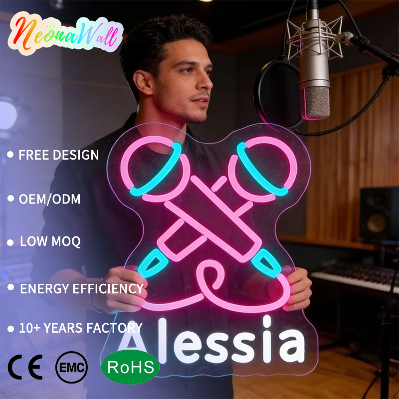 Neonawall Wholesale Custom Microphone LED Neon Sign Acrylic Personalized Name USB Wall Light Warm White IP65 Hanging Music