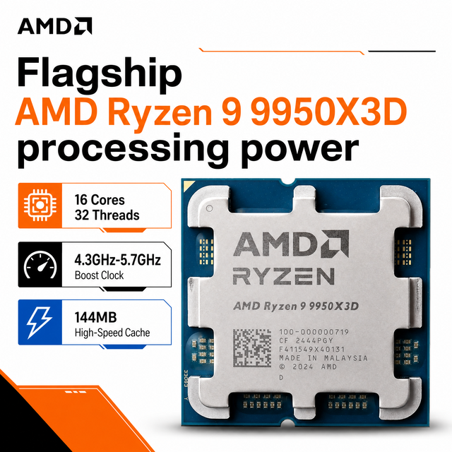 AMD Ryzen 9 9950X3D 16Core 32Thread Zen5 AM5 CPU up to 5.7GHz 128MB 3D VCache Desktop Processor Desktop Gaming Computer in Stock