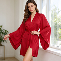 Robe Kimono de Mariée Luxe à Manches Larges et Amples, en Soie Satinée et Mousseline, Col en V, Douce et Respirante, Longueur Genou, Disponible en 12 Couleurs Unies