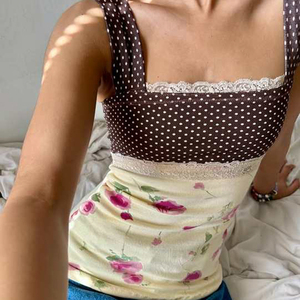 Camisola de punto floral con lunares para mujer, top con tirantes finos, ajustado, estilo Y2K, retro, informal, versátil, top de verano - Product Image 6