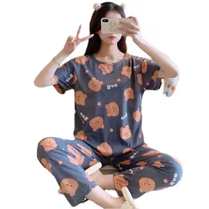 Neue Damen Lounge Wear Kurzarm Langhose Pyjama 2-teiliges Set Nachtwäsche mit Cartoon-Muster