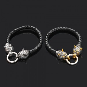 Pulsera de Cuero Trenzado con Cabeza de Lobo Estilo Vikingo Nórdico <span class=keywords><strong>para</strong></span> Hombre, Joyería Dominante - Product Image 1