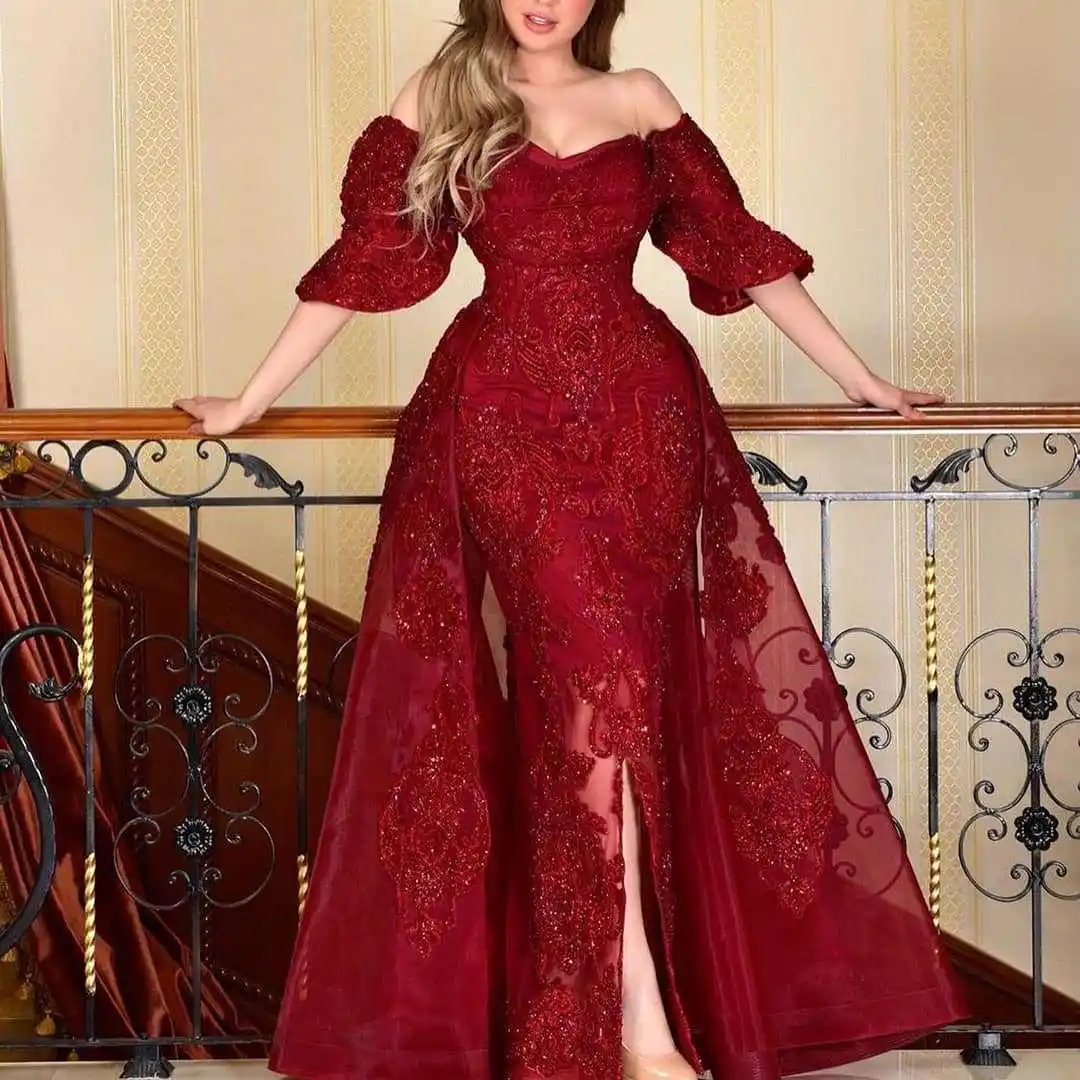 Elegant Open Back Women Short Sleeve Wedding Party Evening Dresses Wine Red Prom Party Dress Luxurious Dress for Women