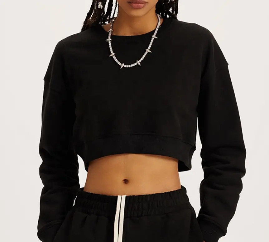 पूरी तरह से अनुकूलन hoodies दौर गर्दन 360gsm देवियों sweatshirts काले फसल शीर्ष महिलाओं की हूडि