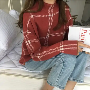 Pulls pour femmes, nouveaux modèles d'hiver, mode, col roulé à carreaux, tricot ample, manches longues, hauts décontractés coréens, J0020 - Product Image 6