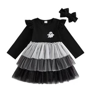 <span class=keywords><strong>Vestito</strong></span> <span class=keywords><strong>da</strong></span> <span class=keywords><strong>Bambina</strong></span> per Halloween in Tulle e Cotone con Ricami e Patchwork, Stile Principessa, Fantasmino e <span class=keywords><strong>Zucca</strong></span>, Monocolore o Bicolore - Product Image 2