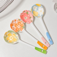 Sendok Sup Keramik Gagang Panjang Four Seasons Motif Bunga Warna Underglaze Desain Jepang/Minimalis Peralatan Makan Berkualitas Tinggi