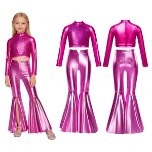 Tenue de danse pour filles de 6 à 16 ans, haut court métallisé avec pantalon pattes d'éléphant, ensembles pour spectacles sur scène, fêtes, compétitions - Product Image 5