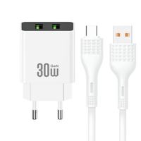 Chargeur mural double USB 30W avec câble Type C, prise US EU, chargeur rapide pour téléphone portable, charge rapide 30W, adaptateur secteur 2 USB