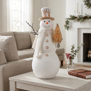Whimsical White Snowflake Hat Snowman Sculpture Holding Gold Tree for Luxe Winter Party Decor New - Product Image 3