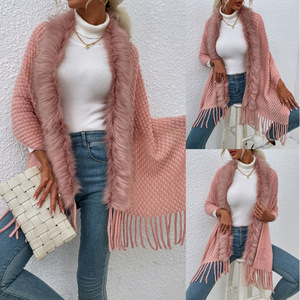 2023 femmes mode couleur unie <span class=keywords><strong>boule</strong></span> de fourrure Cape <span class=keywords><strong>pull</strong></span> automne et hiver tricoté Cardigan crochet châle - Product Image 6