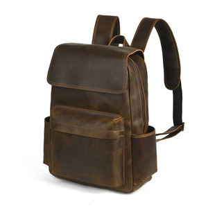 Crazy Horse Leather Retro <b>Backpack</b> Brown <b>20L</b> Large Capacity For Commuting And Travel - Product Image 4