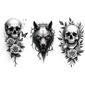 Tatuajes Temporales Realistas <span class=keywords><strong>de</strong></span> Calaveras, Manos en Oración, Lobo, Búho, Grim Reaper, Escorpión y Rosa en Negro y Gris para Adultos - Product Image 4
