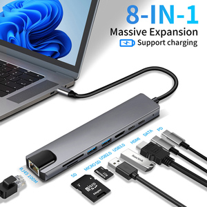 Hub USB-C Multiport 8 in 1 Konverter 4K Ethernet Pembaca Kartu Pengisian Cepat PD Port USB Tipe C untuk Laptop - Product Image 2