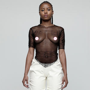 <strong>Goth</strong> Dark Y2k Punk Mesh See Through T-shirts <strong>Women</strong> Cyber Sexy Summer Halter Tops Lace up Techwear Black Patchwork Split <strong>Clothes</strong> - Product Image 5