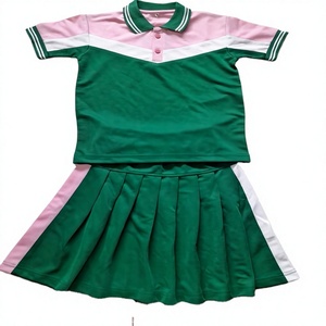 Girls Green Pink <b>White</b> School Uniform Set Short Sleeve <b>Polo</b> Shirt Pleated Skirt Polyester Primary School Children Uniform - Product Image 1