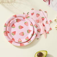 Ensemble de vaisselle jetable pour fête sur le thème de la fraise, 350 pièces, pour 50 invités, assiettes, serviettes et couverts en PET rose, écologiques, sans BPA, utilisables au micro-ondes