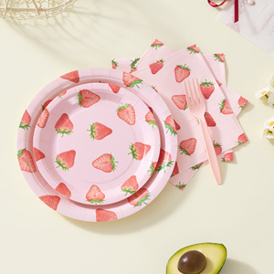 350Pcs Strawberry Disposable <b>Dinnerware</b> <b>Set</b> for 50 Guests Pink PET Plates Cups Napkins Cutlery Eco-Friendly for Birthday Party - Product Image 3