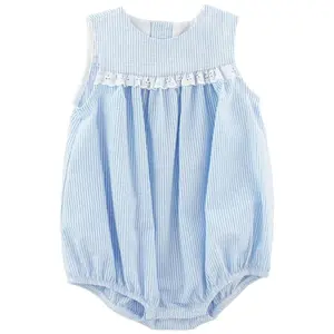 Baby Romper Bailey Boys Light Blue Seersucker Stripe Girls Bubble