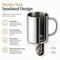 Mug droit contemporain en acier inoxydable 304 à double paroi, finition argent brillant, pour usage quotidien