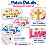 Patchs brodés personnalisés « Dieu m'aime » avec croix chrétienne et appliques en forme de cœur pour accessoires vestimentaires – Vente en gros