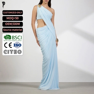 Abito da sera elegante monospalla in chiffon leggero, drappeggiato, azzurro, con cut-out, per donna - Il più venduto - Product Image 1