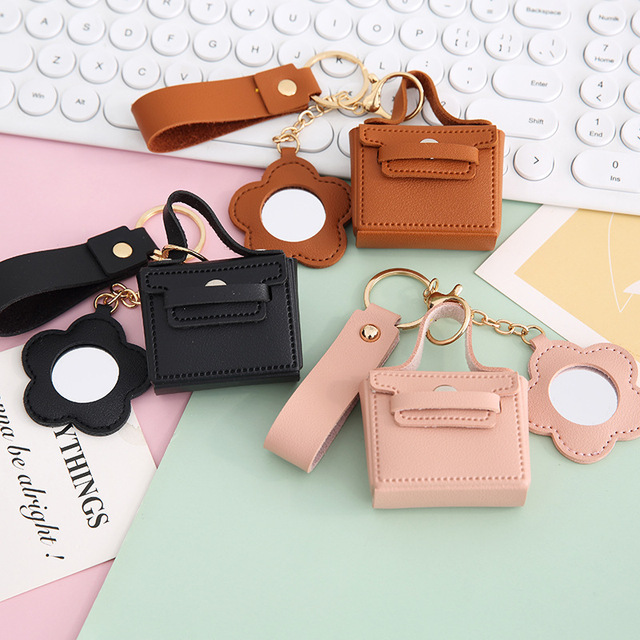 Portable Leather Earbud Case for AirPods, Cute Mini Handbag Keychain with Flower Mirror, Fashion Bag Accessory