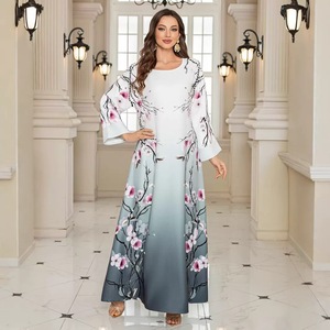 Robe Abaya Ouverte Élégante pour Femmes Musulmanes, Hiver, Polyester Extensible Quadridirectionnel, Longueur Cheville, Ornée de Perles, pour Mariage, avec Impression et Embellissement - Product Image 3