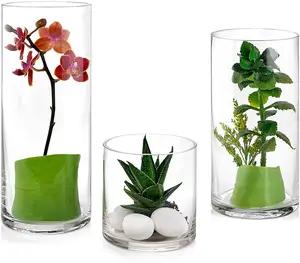 Vas kaca bening Modern untuk bunga, vas kaca silinder rumah, vas kaca bening untuk pernikahan