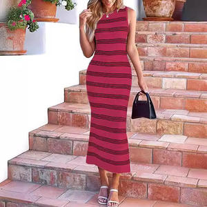 Vestido de chaleco a rayas con abertura lateral de punto sin mangas de longitud media informal - Product Image 2