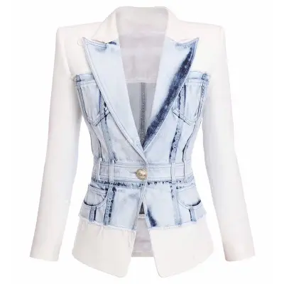 2020 new arrivals wholesale fashion button embellished denim women blazer jacket for ladies