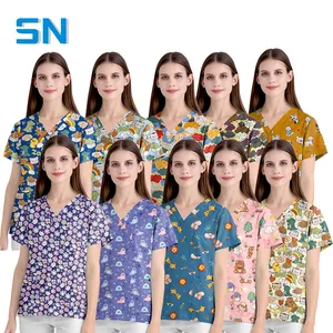 Bedrukte Dicki-Shirt Met Korte Mouwen Dames Scrub Tops Medische Scrubs Scrubs Casual Collectie V-Hals Top