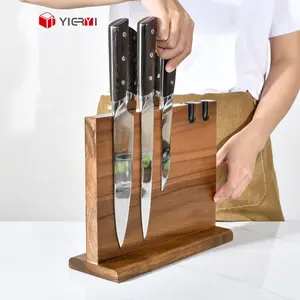 Acacia Wood Kitchen Knife Storage Holder Magnetic Block Strong Steel Base for Knife Organization and Roll Bags with sharpener