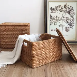 Hand gewebte Rattan Wäsche Vietnam Körbe mit Deckel Vintage Kleider schrank Gemüse Lebensmittel behälter Handgemachte Lagerung gewebten Korb