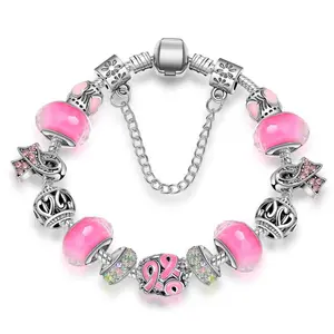 glass crystal beads pink ribbon breast cancer awareness charm bracelets jewelry inspirational charm bracelets for women